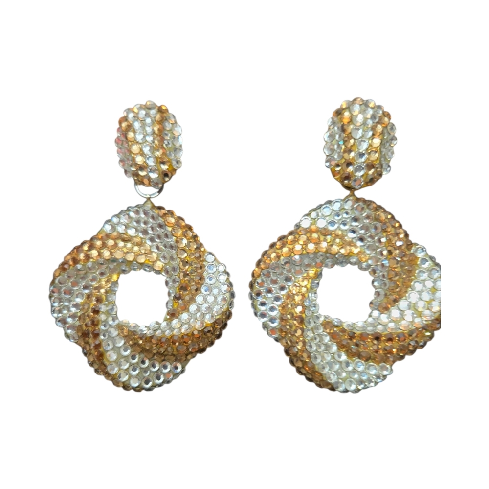 Vintage Richard Kerr 1980 Champagne Crystal Swirl Hoop Drop Earrings Signed